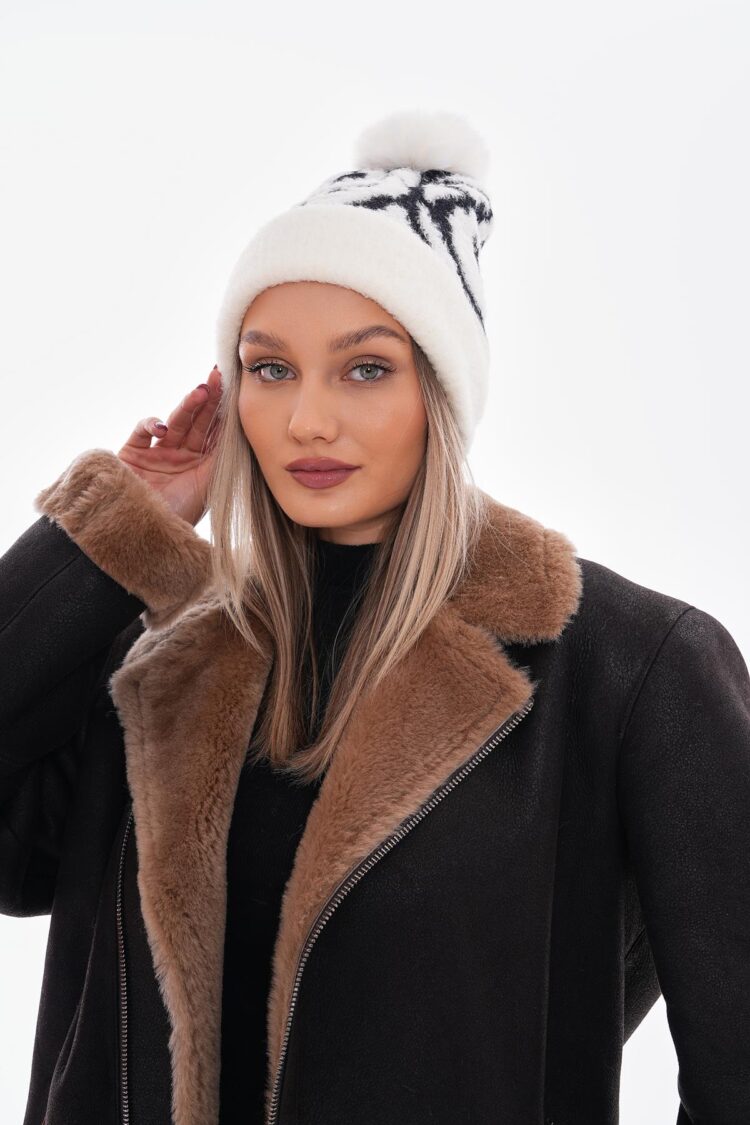 Pompom Patterned Polar Fleece Inside Beanie