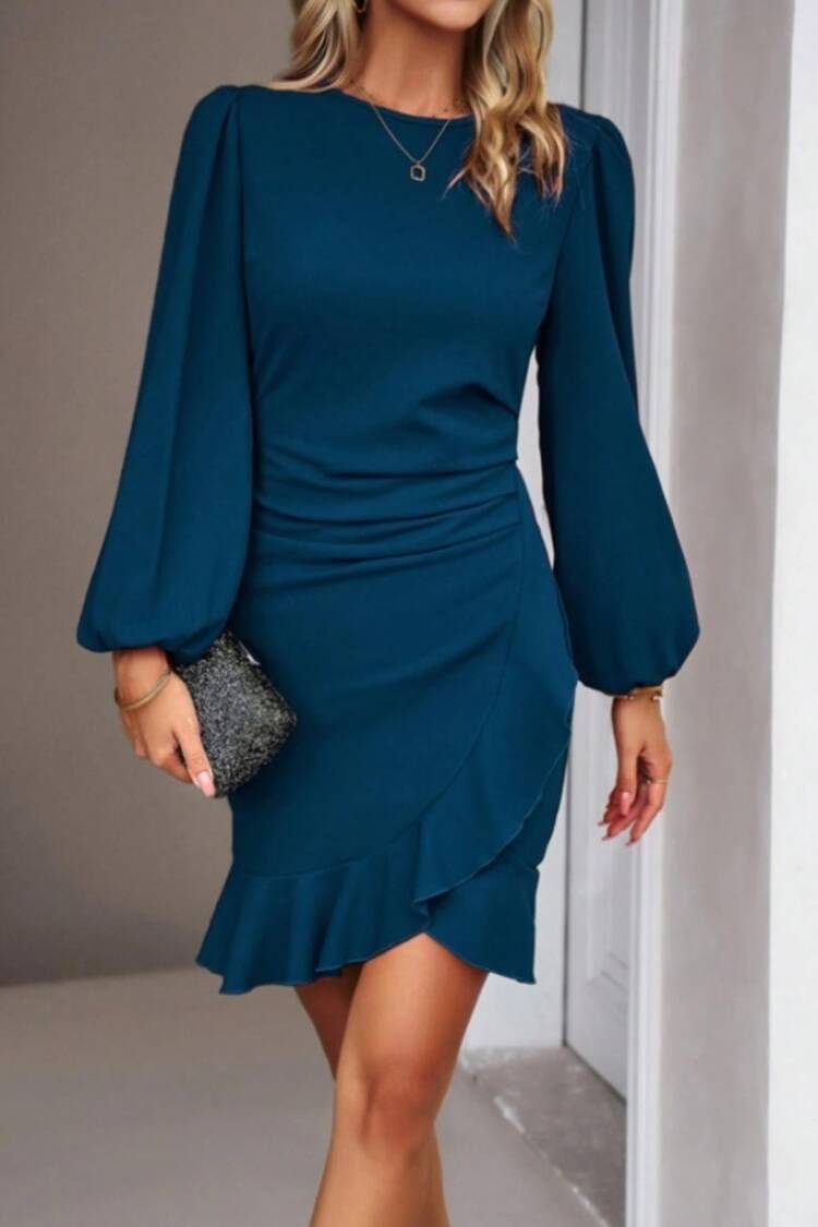 Women's Long Sleeve Crew Neck Front Flounce Imported Crepe Dress
