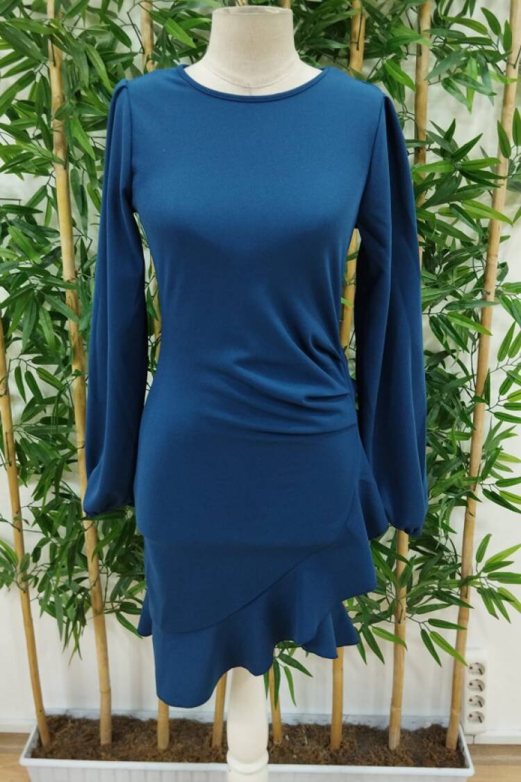 Women's Long Sleeve Crew Neck Front Flounce Imported Crepe Dress