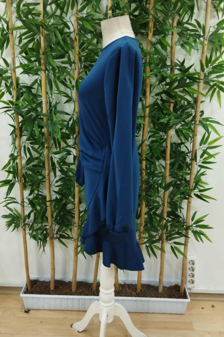 Women's Long Sleeve Crew Neck Front Flounce Imported Crepe Dress