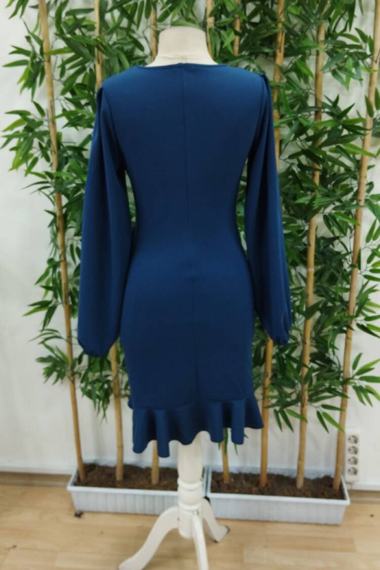 Women's Long Sleeve Crew Neck Front Flounce Imported Crepe Dress