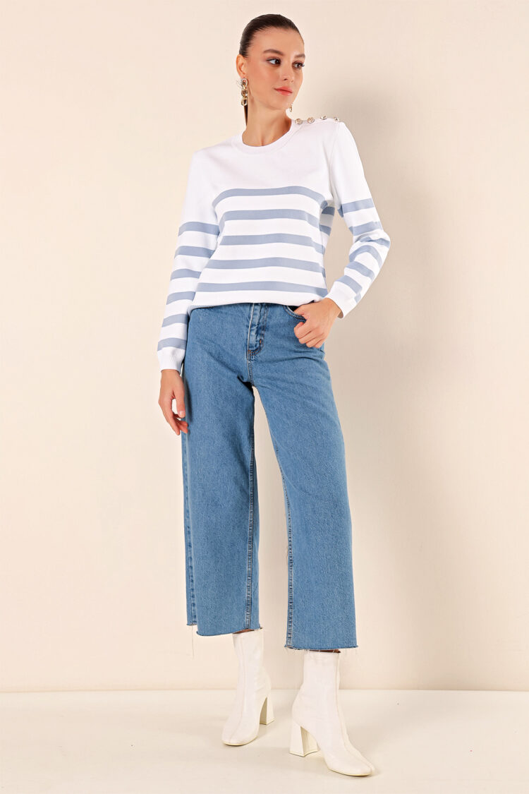 Button Detail Striped Sweater - C. İndigo