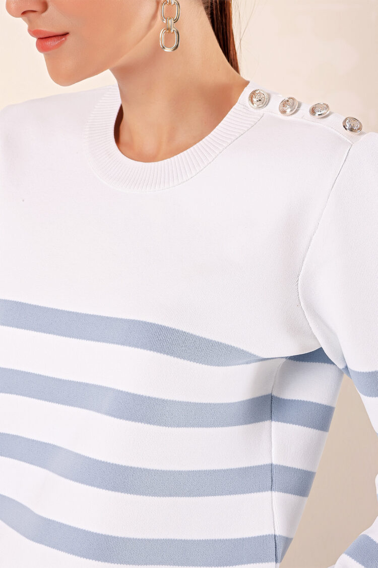 Button Detail Striped Sweater - C. İndigo