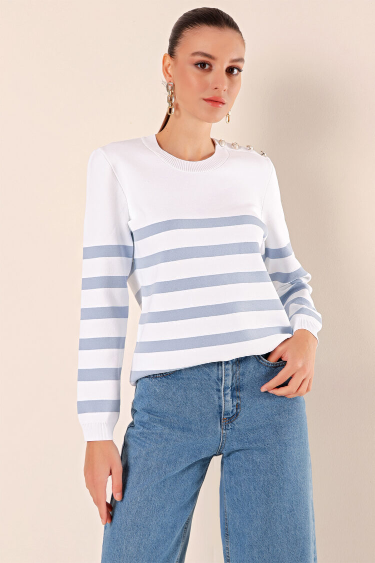Button Detail Striped Sweater - C. İndigo