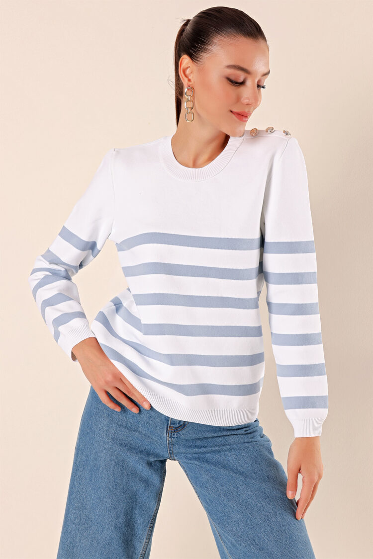 Button Detail Striped Sweater - C. İndigo - Brand: Bigdart - Women & Kids, Baby Clothes Wholesale - Globality Store