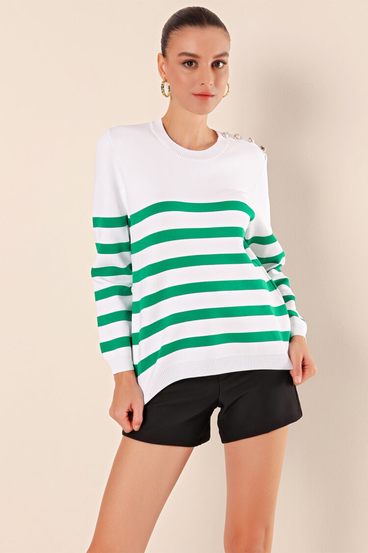 Button Detail Striped Sweater - C.green