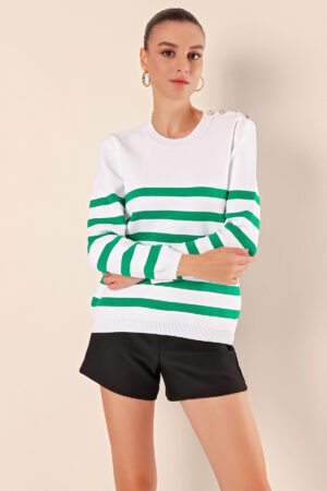 Button Detail Striped Sweater - C.green - Brand: Bigdart - Women & Kids, Baby Clothes Wholesale - Globality Store