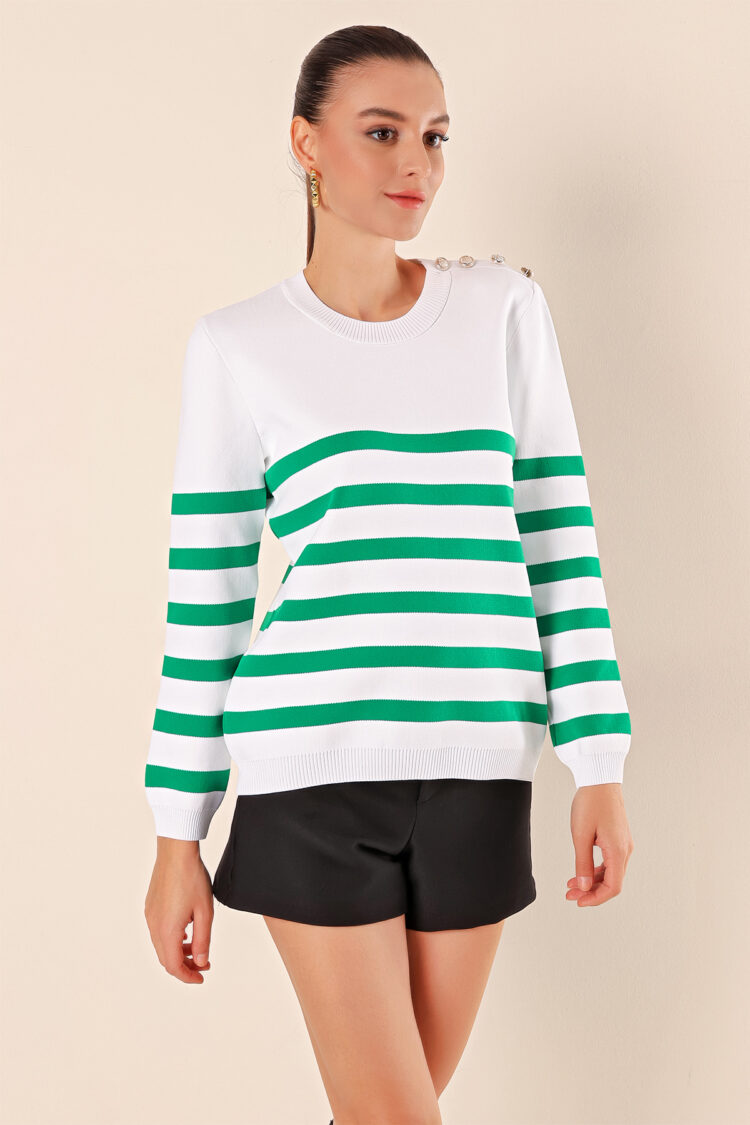 Button Detail Striped Sweater - C.green - Brand: Bigdart - Women & Kids, Baby Clothes Wholesale - Globality Store