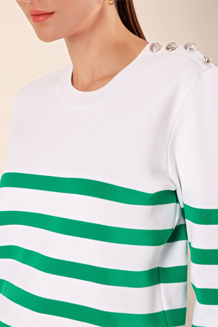 Button Detail Striped Sweater - C.green