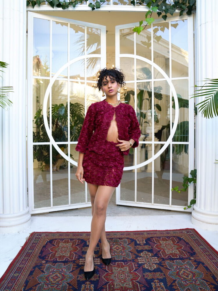 Burgundy Rose Patterned Tulle Wholesale Skirt
