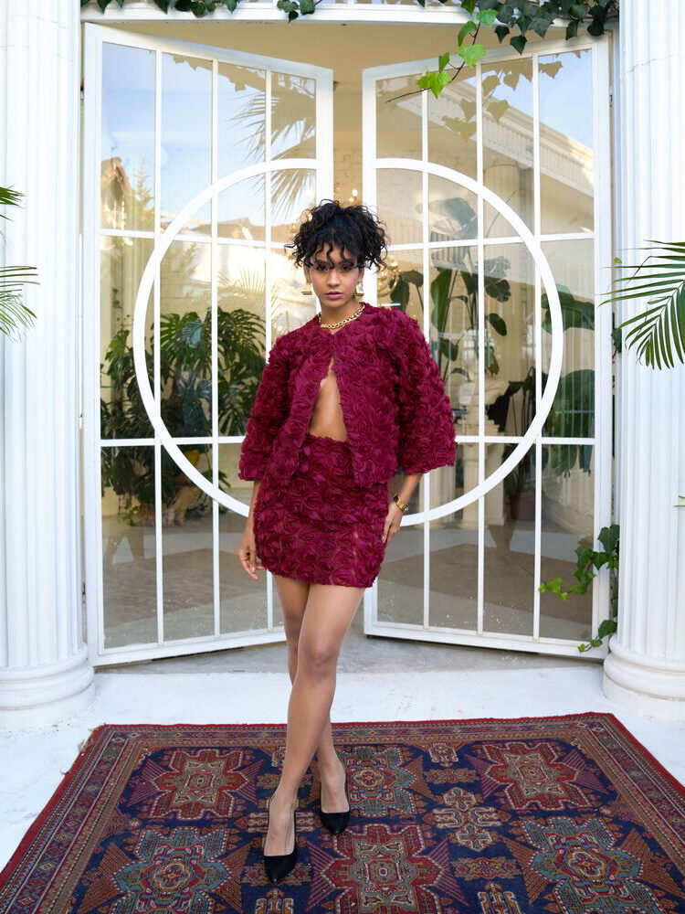 Burgundy Rose Patterned Tulle Wholesale Skirt