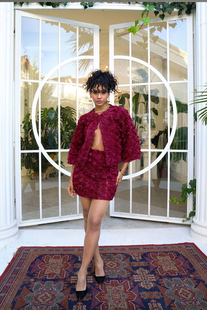 Burgundy Rose Patterned Tulle Wholesale Skirt