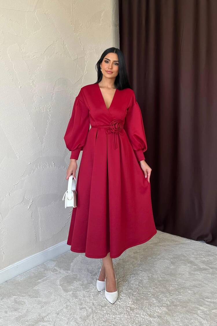 Burgundy Rose Detailed Scuba Dress