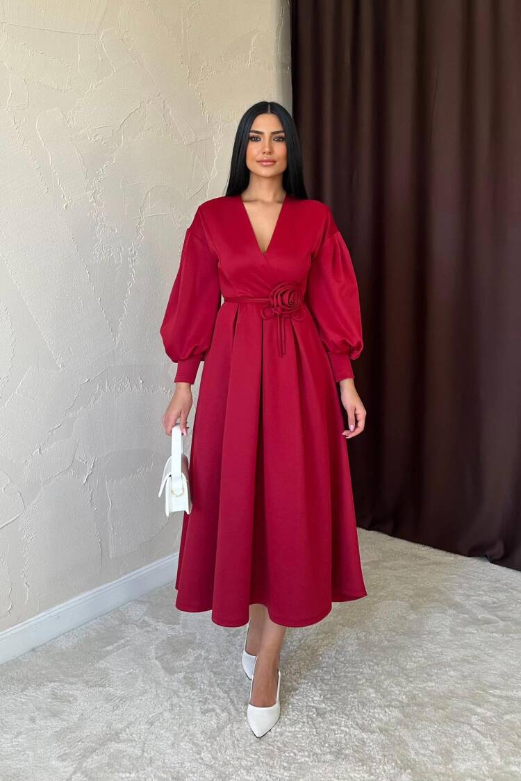 Burgundy Rose Detailed Scuba Dress
