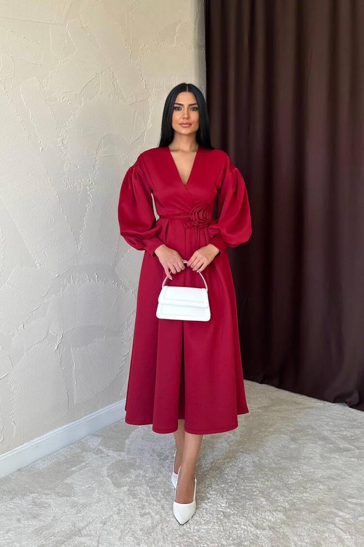 Burgundy Rose Detailed Scuba Dress