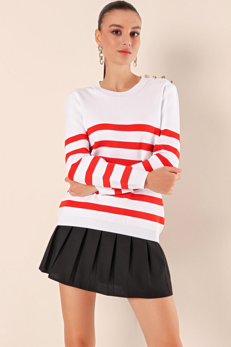 Button Detail Striped Sweater - C.red