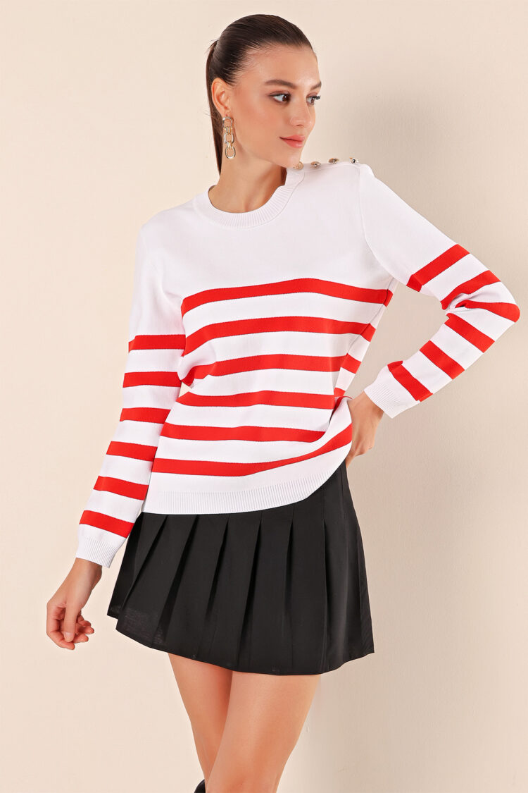 Button Detail Striped Sweater - C.red