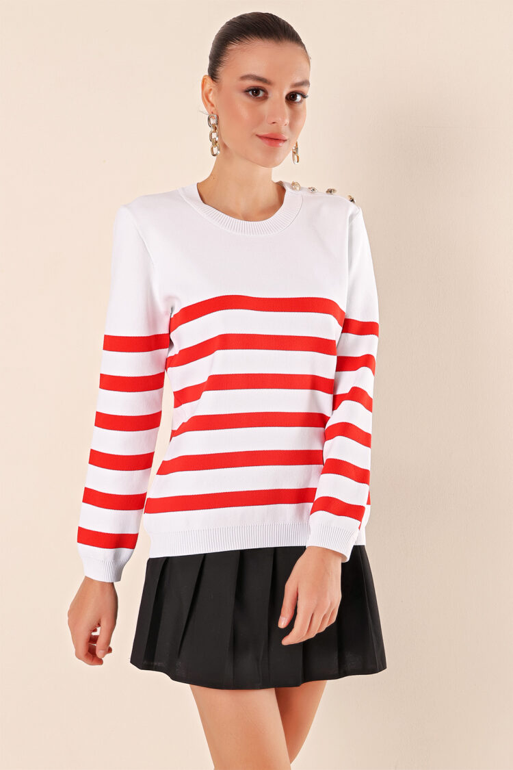 Button Detail Striped Sweater - C.red - Brand: Bigdart - Women & Kids, Baby Clothes Wholesale - Globality Store