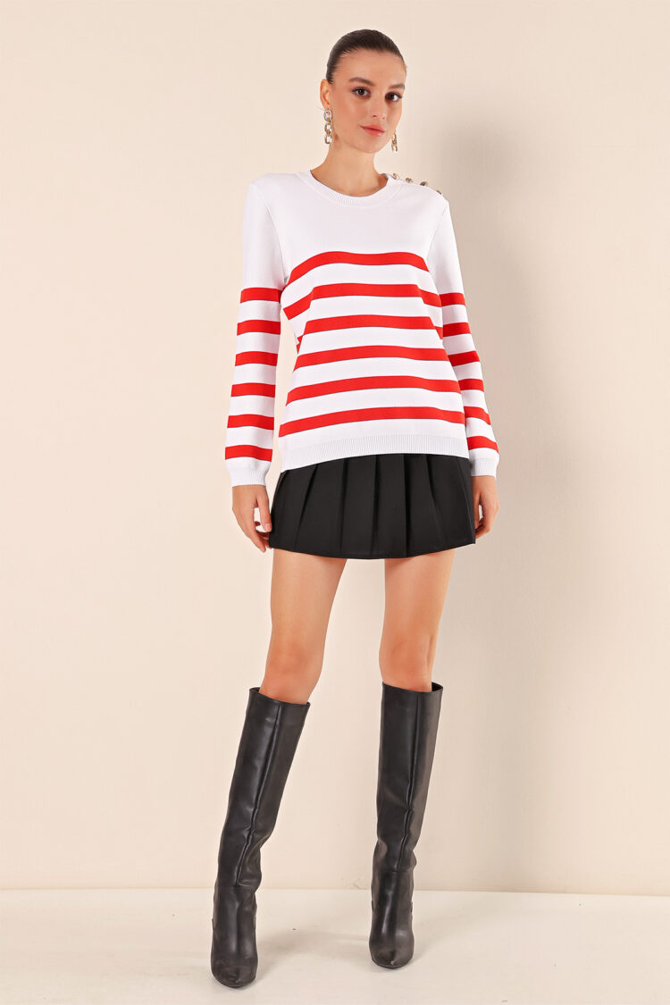 Button Detail Striped Sweater - C.red