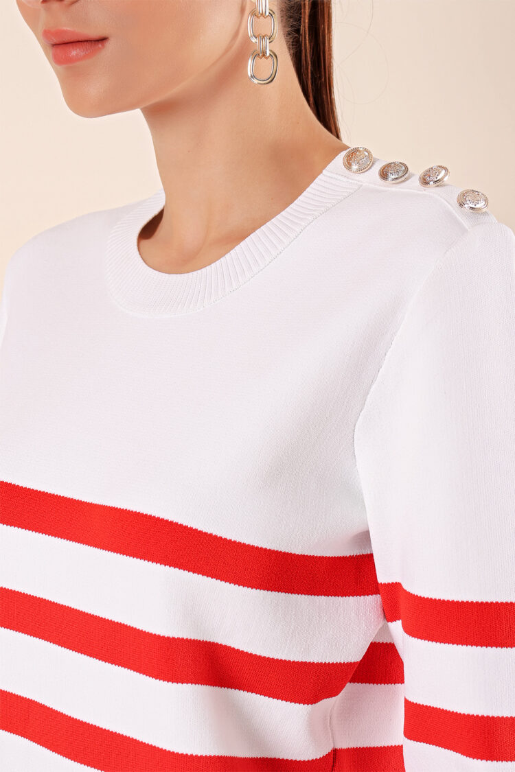 Button Detail Striped Sweater - C.red