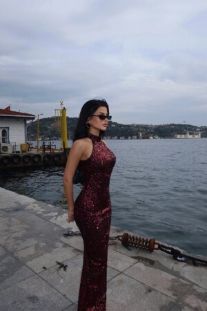 Sequin Detail Long Dress - Burgundy - Brand: EYYO ATELIER - Women & Kids, Baby Clothes Wholesale - Globality Store
