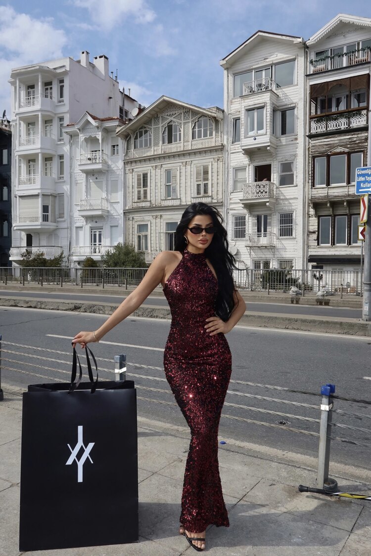 Sequin Detail Long Dress - Burgundy