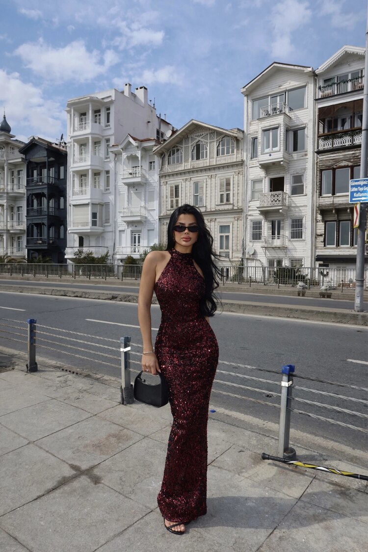 Sequin Detail Long Dress - Burgundy - Brand: EYYO ATELIER - Women & Kids, Baby Clothes Wholesale - Globality Store