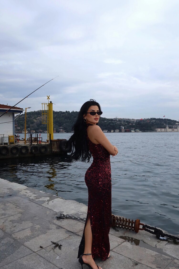 Sequin Detail Long Dress - Burgundy