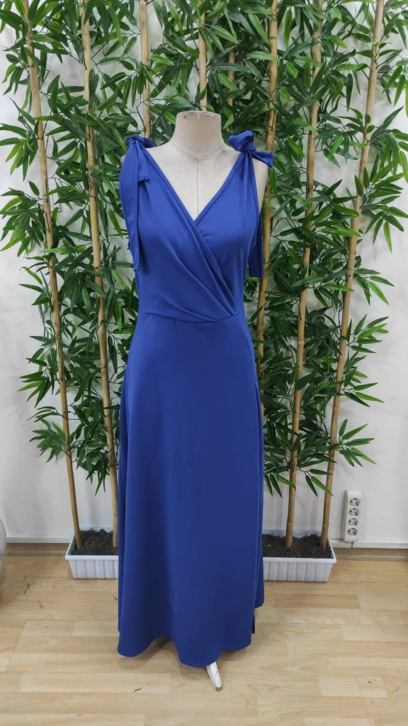 Women's Strappy Shoulder Tie Double Neck Long Slit Janjan Crepe Dress