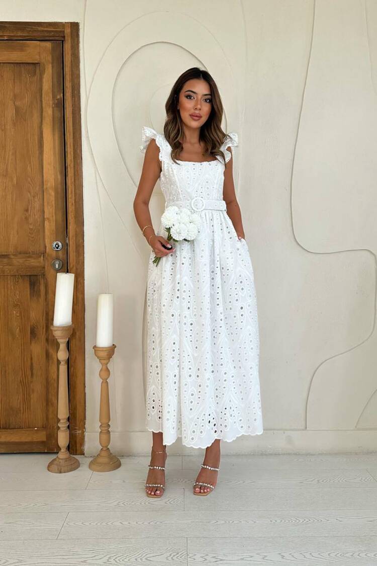 White Elegant A-Line Dress With Ruffle Sleeves
