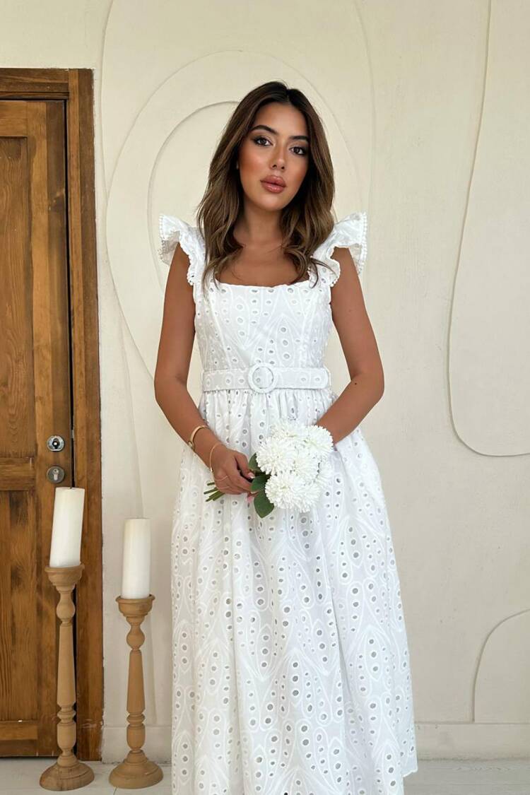 White Elegant A-Line Dress With Ruffle Sleeves