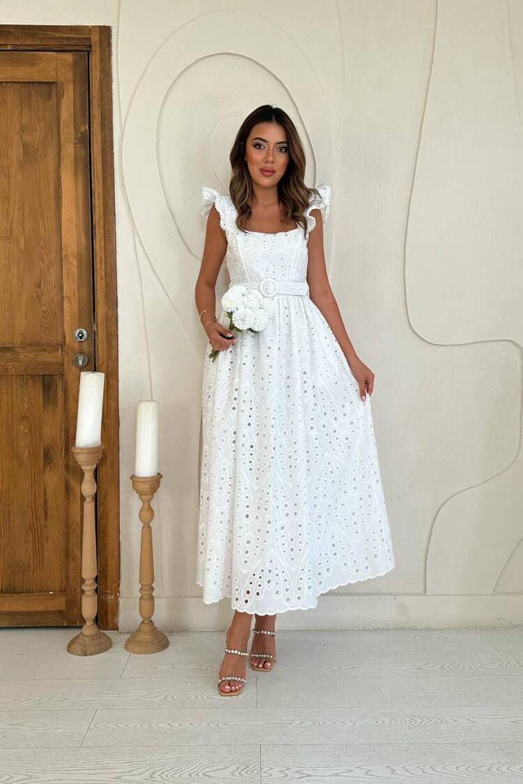 White Elegant A-Line Dress With Ruffle Sleeves - Brand: Elisa - Women & Kids, Baby Clothes Wholesale - Globality Store