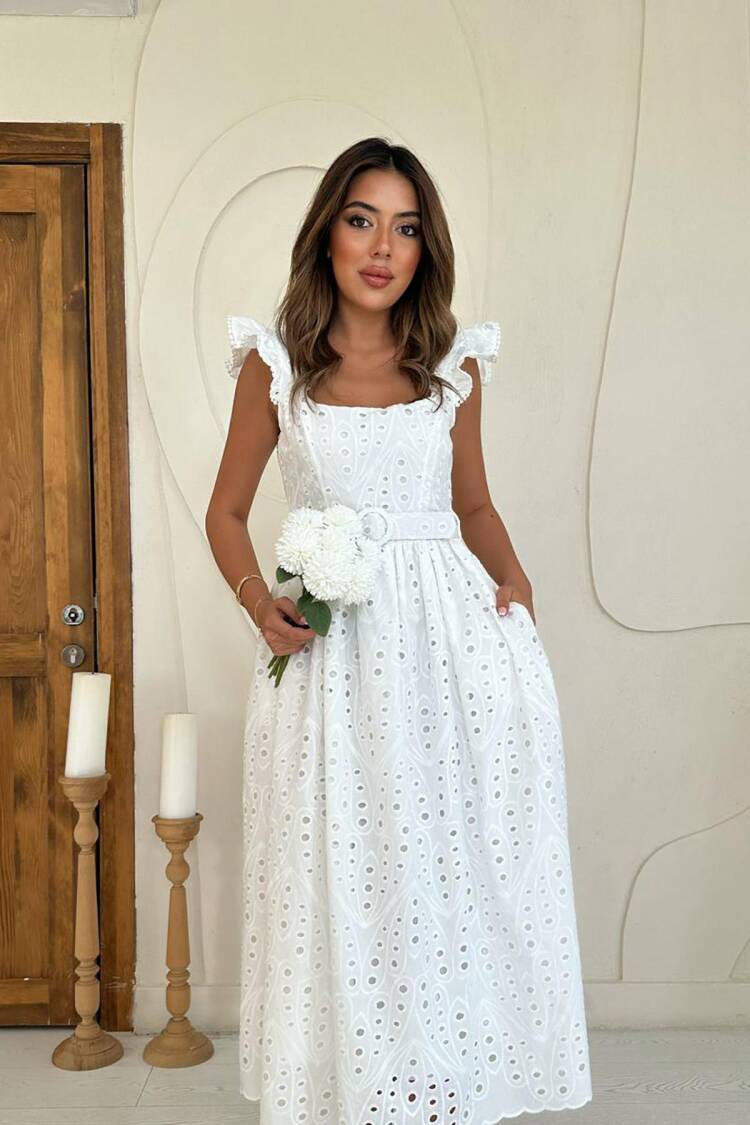 White Elegant A-Line Dress With Ruffle Sleeves