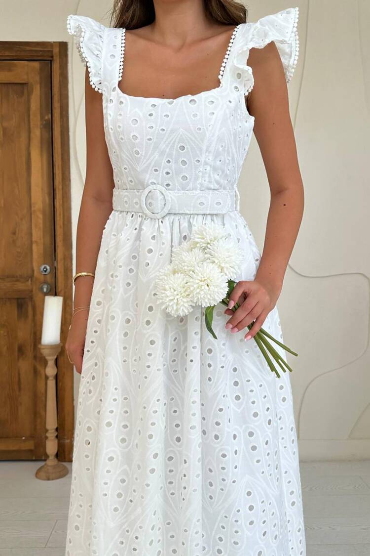 White Elegant A-Line Dress With Ruffle Sleeves