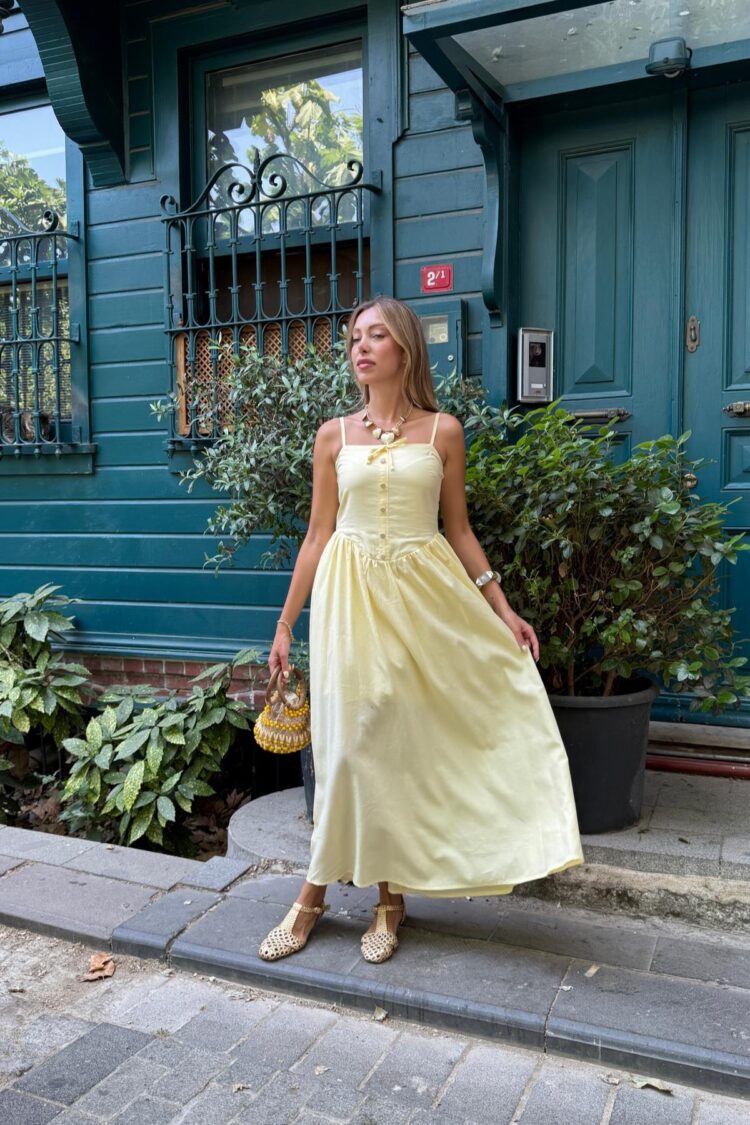 Yellow Sleeveless Slip Dress With Square Neck