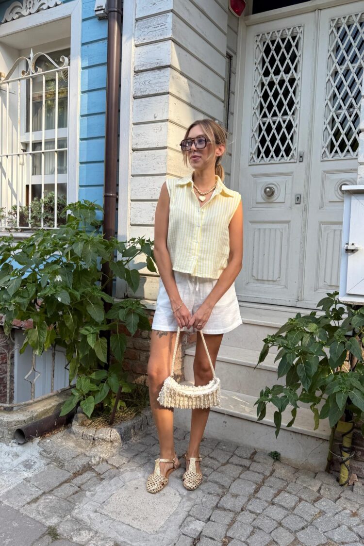 Yellow Striped Casual Shirt With Notched Neck