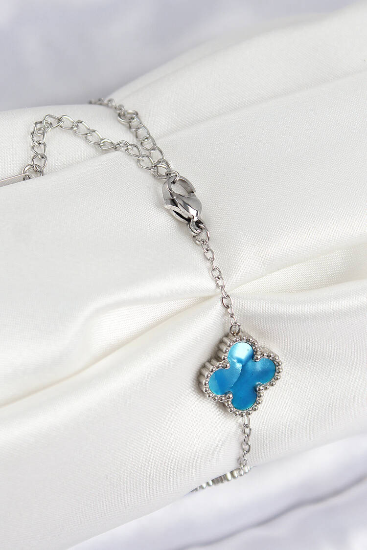 316l Steel Pearlescent Sky Blue Silver Color Clover Women Bracelet