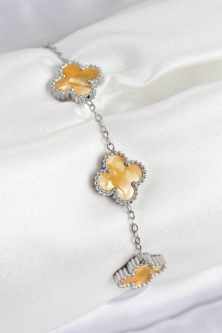 316l Steel Pearlescent Amber Yellow Silver Color Clover Women Bracelet - Brand: Ebijuteri - Women & Kids, Baby Clothes Wholesale - Globality Store