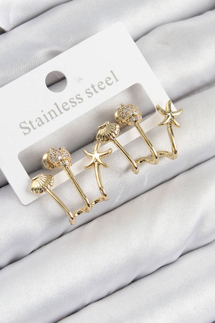 Brass Zircon Stone Starfish And Oyster Pattern Gold Color Women's Earrings - Brand: Ebijuteri - Women & Kids, Baby Clothes Wholesale - Globality Store
