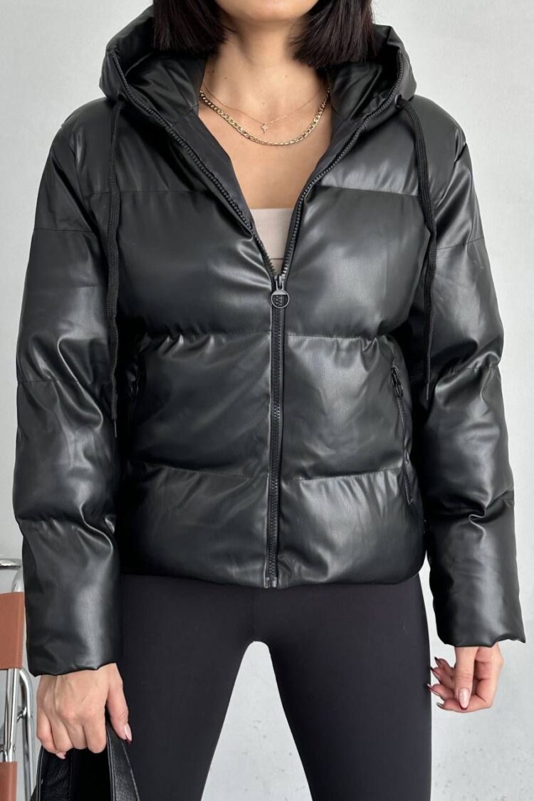 Black Puffer Jacket With Hooded Collar