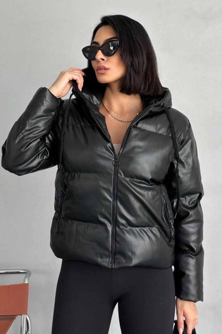 Black Puffer Jacket With Hooded Collar