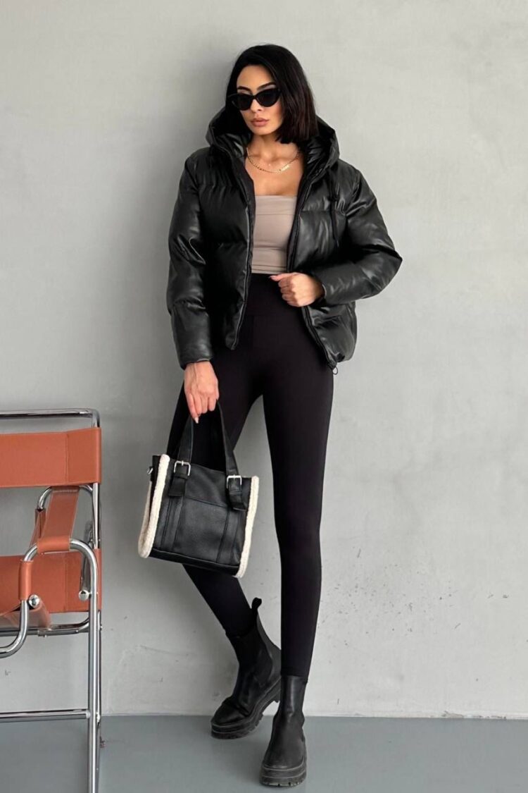 Black Puffer Jacket With Hooded Collar