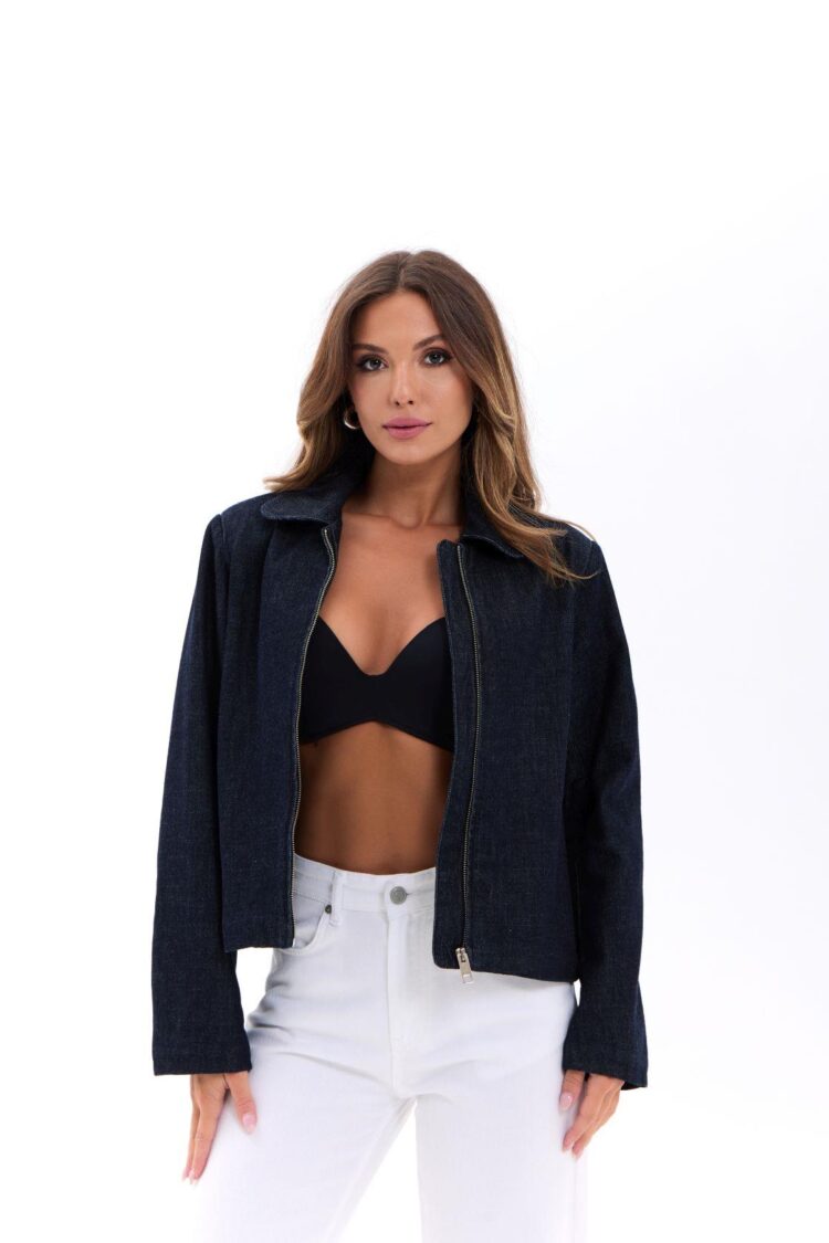 Navy Blue Denim Jacket Casual Zip Up Overshirt - Brand: Fame - Women & Kids, Baby Clothes Wholesale - Globality Store