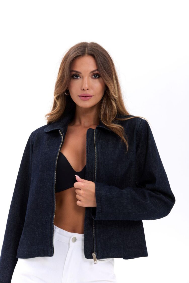 Navy Blue Denim Jacket Casual Zip Up Overshirt