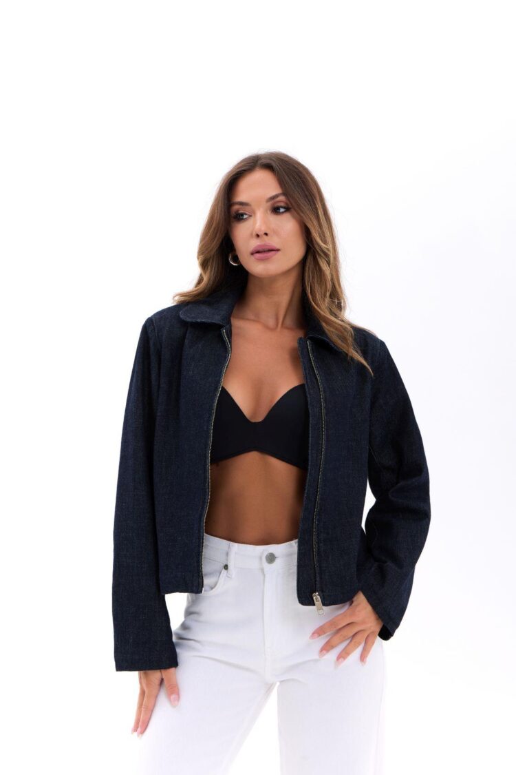 Navy Blue Denim Jacket Casual Zip Up Overshirt