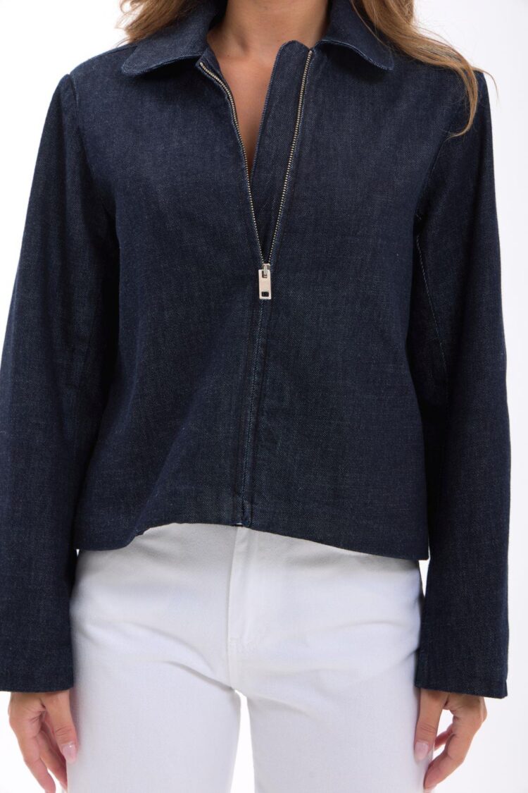 Navy Blue Denim Jacket Casual Zip Up Overshirt