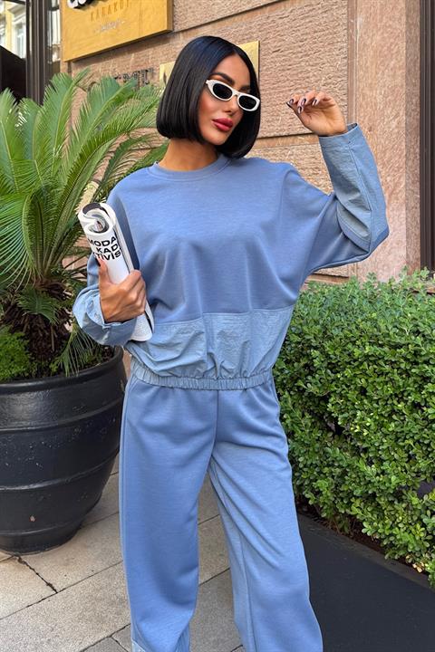 Blue Color Block Casual Sport Set