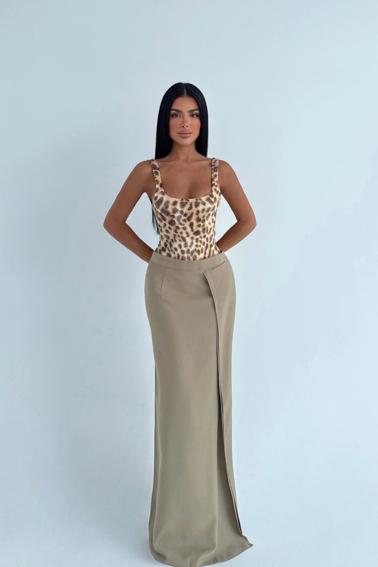 Khaki Wrap Maxi Skirt With High Waist - Elegant & Formal