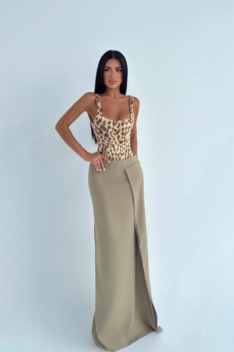 Khaki Wrap Maxi Skirt With High Waist - Elegant & Formal - Brand: EYYO ATELIER - Women & Kids, Baby Clothes Wholesale - Globality Store