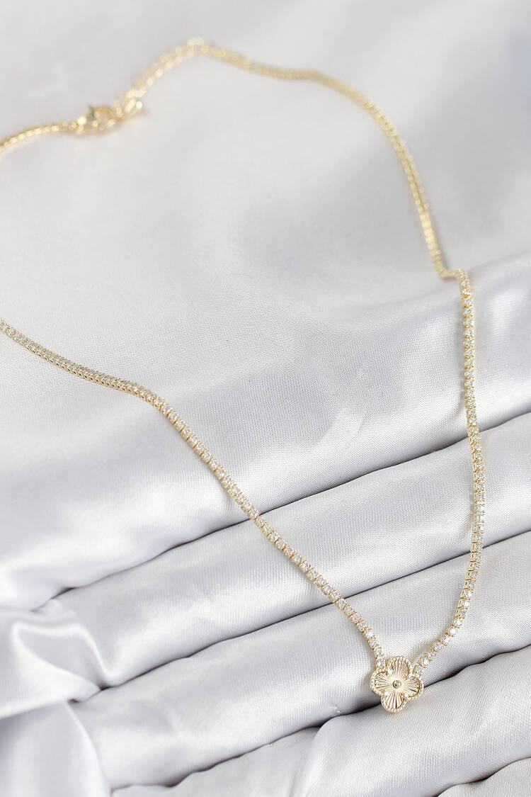 Brass Zircon Stone Clover Pattern Gold Color Women Necklace